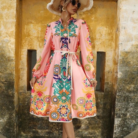 Boho Womens Floral Print Lantern Sleeve Belted midi Dress Pink - Picture 2 of 5